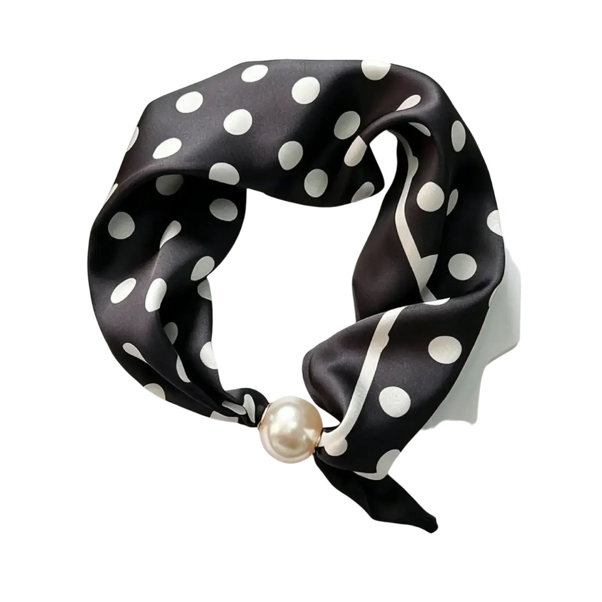 Black silk magnetic stripe scarf with white polka dots and pearl accent showcasing elegant design and texture