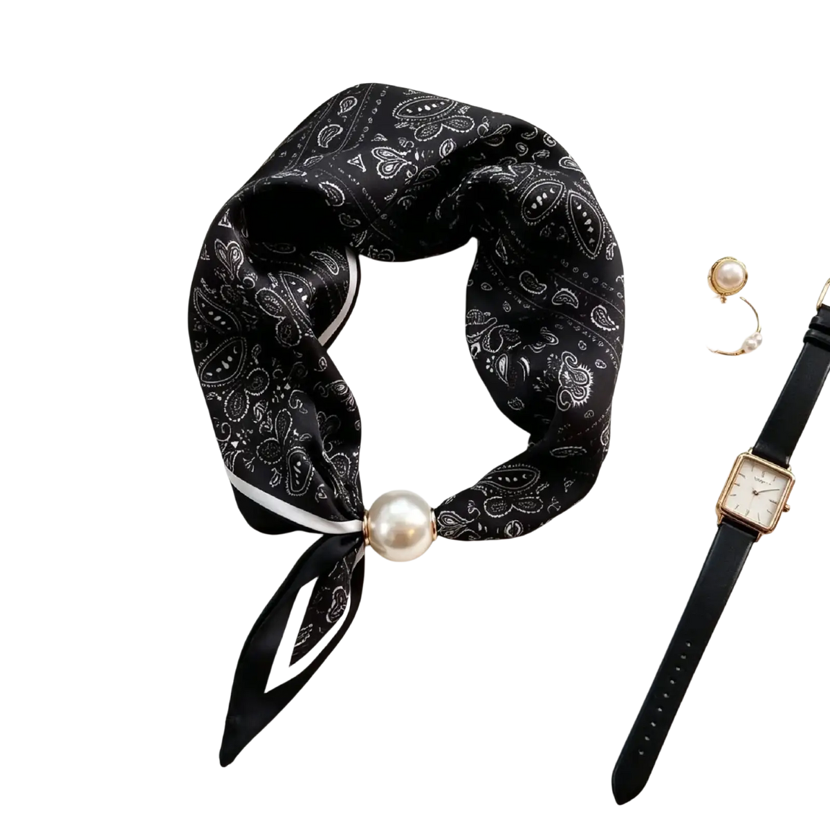 Black silk magnetic stripe scarf with white paisley pattern and a central pearl accent for elegant wear
