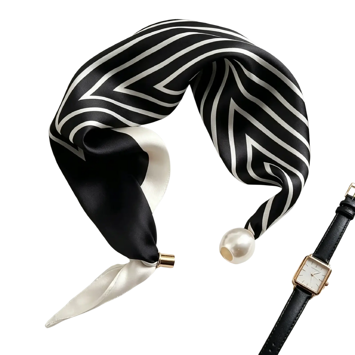 Black and white geometric patterned silk magnetic stripe scarf with gold toned clasp and pearl accent