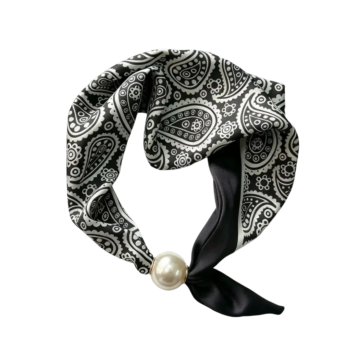 Black and white paisley-patterned silk magnetic stripe scarf with a pearl accent for elegant styling