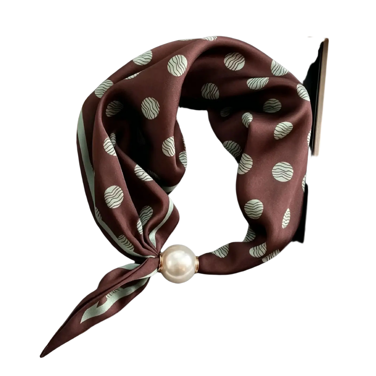Brown silk magnetic stripe scarf with light green and white wavy polka dots tied in a knot with pearl accent