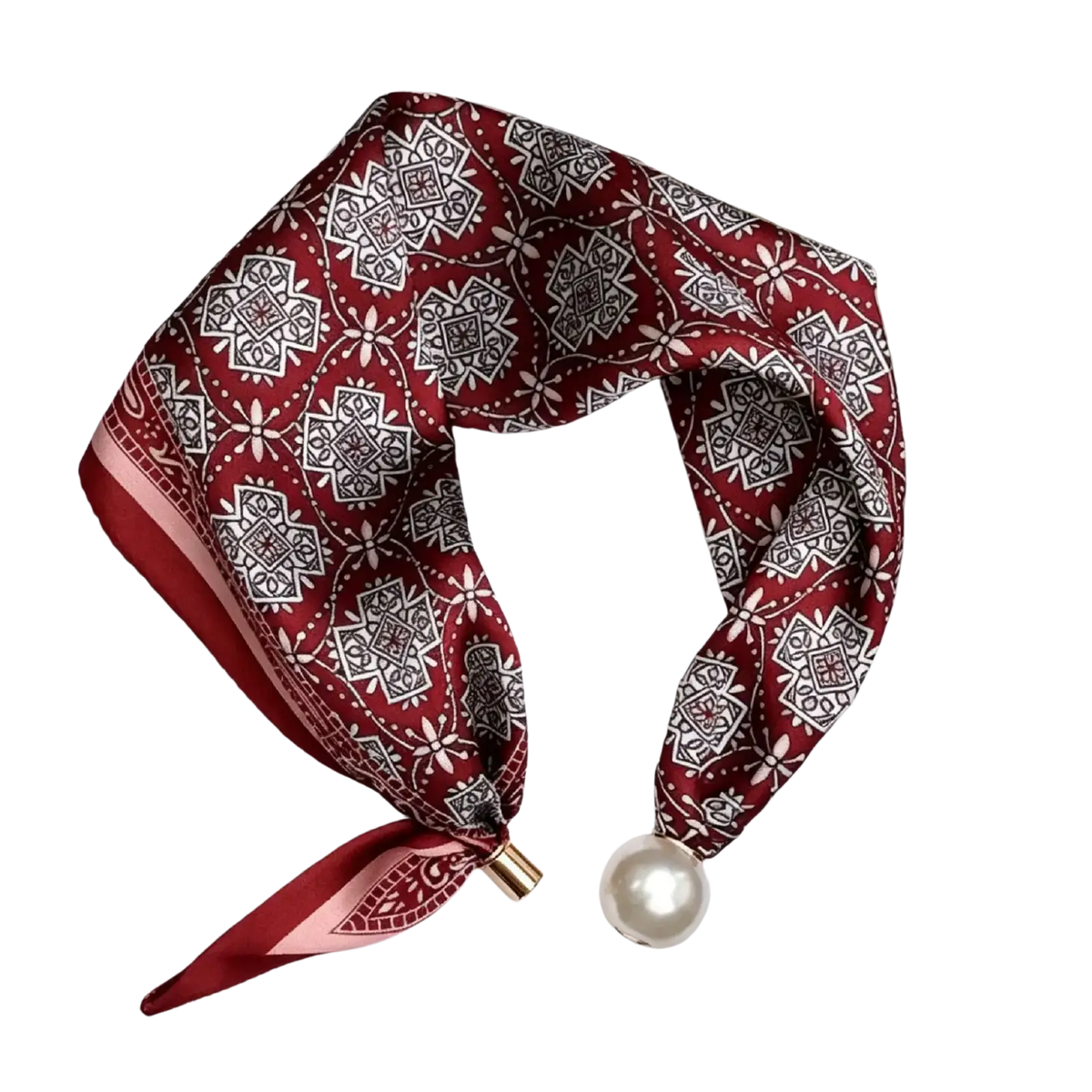 A burgundy silk magnetic stripe scarf with intricate white and black geometric patterns and a pearl accent clasp