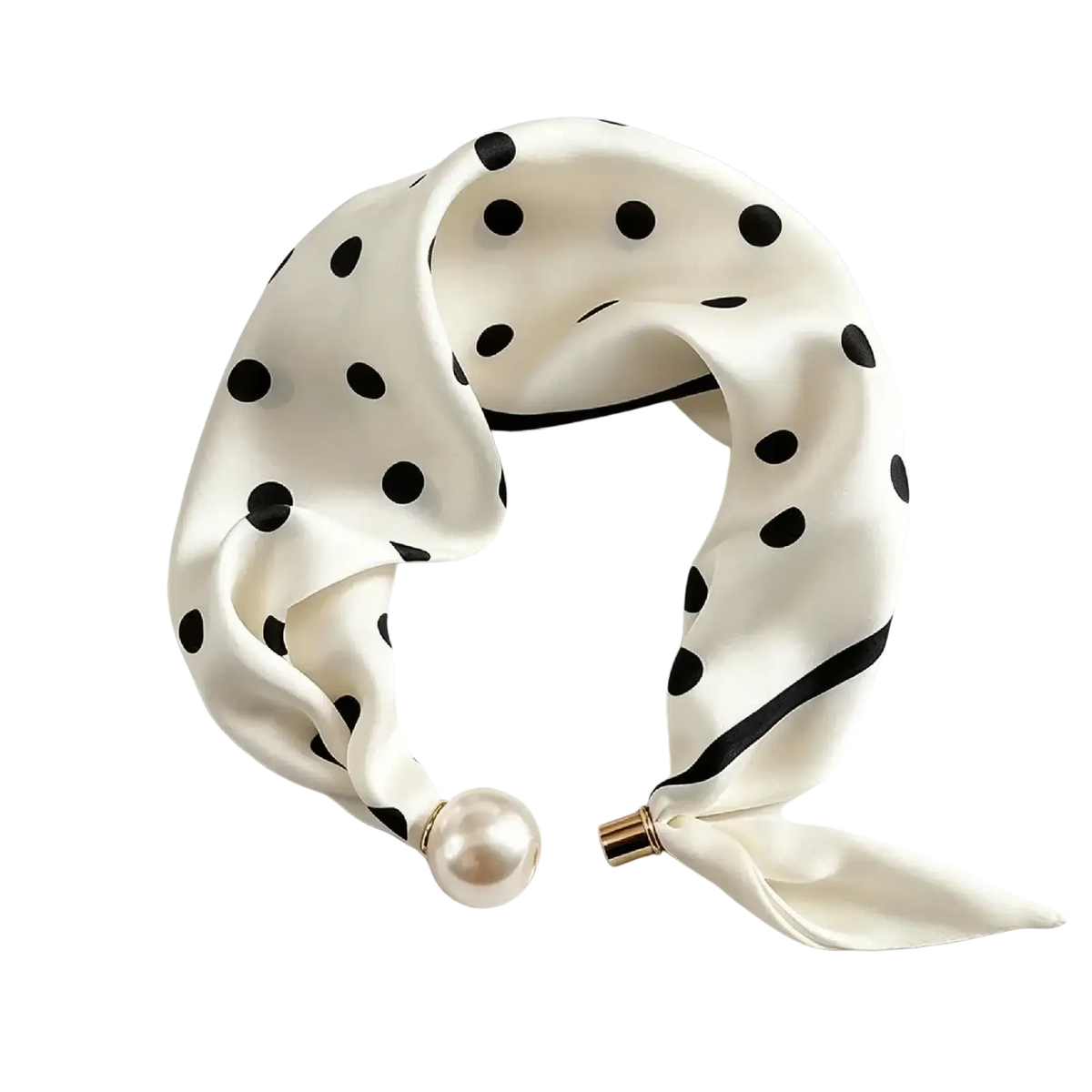 A cream-colored silk magnetic stripe scarf with black polka dots and a pearl and gold-toned clasp