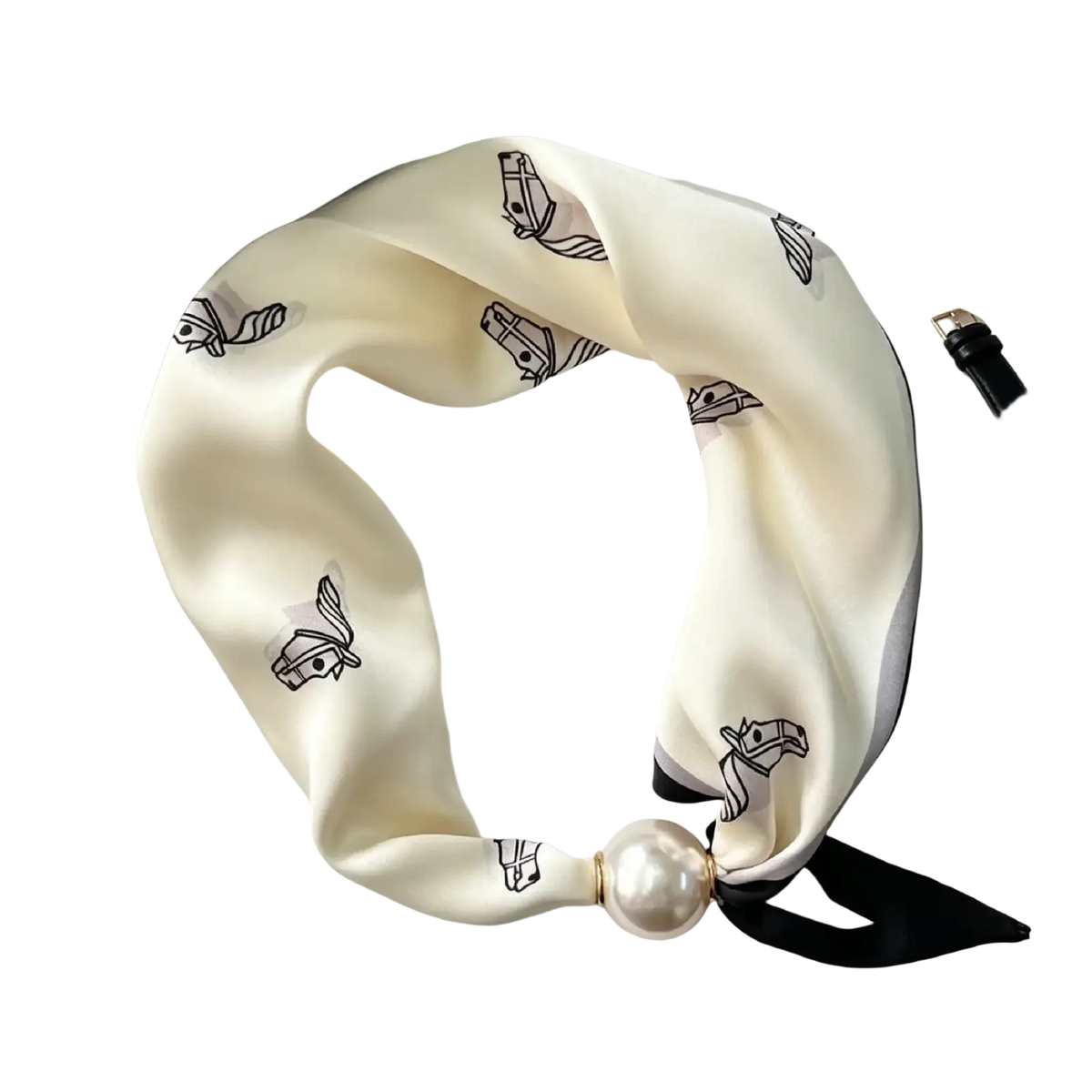 Cream-colored silk magnetic stripe scarf with black horse illustrations and pearl accent at the knot