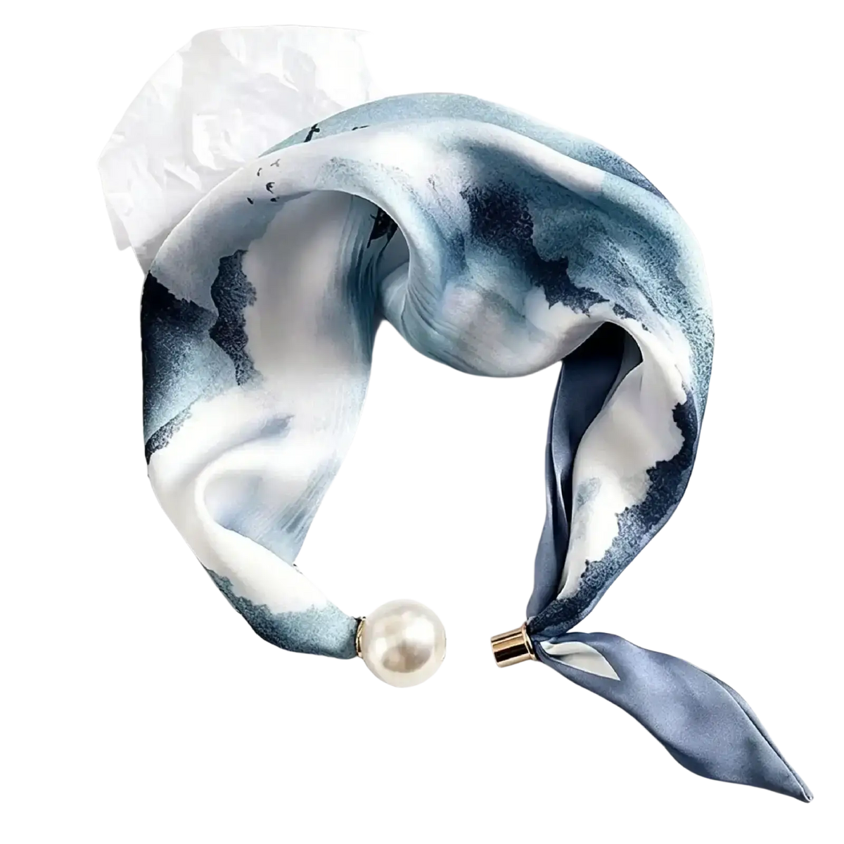 Delicate blue and white silk magnetic stripe scarf with watercolor mountain design, pearl accent, and gold-toned clasp