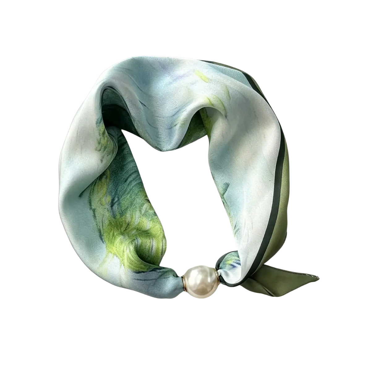 Magnetic stripe scarf with pearl accent featuring delicate light blue and green floral silk design