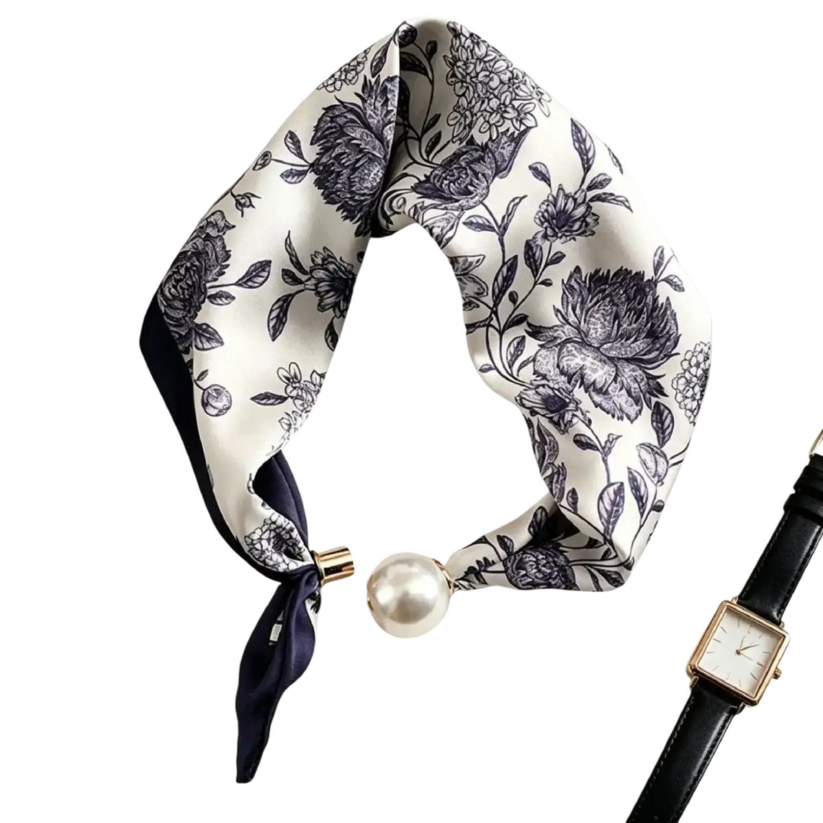 Elegant ivory silk magnetic stripe scarf with black floral bird patterns navy edge and pearl gold clasp accent