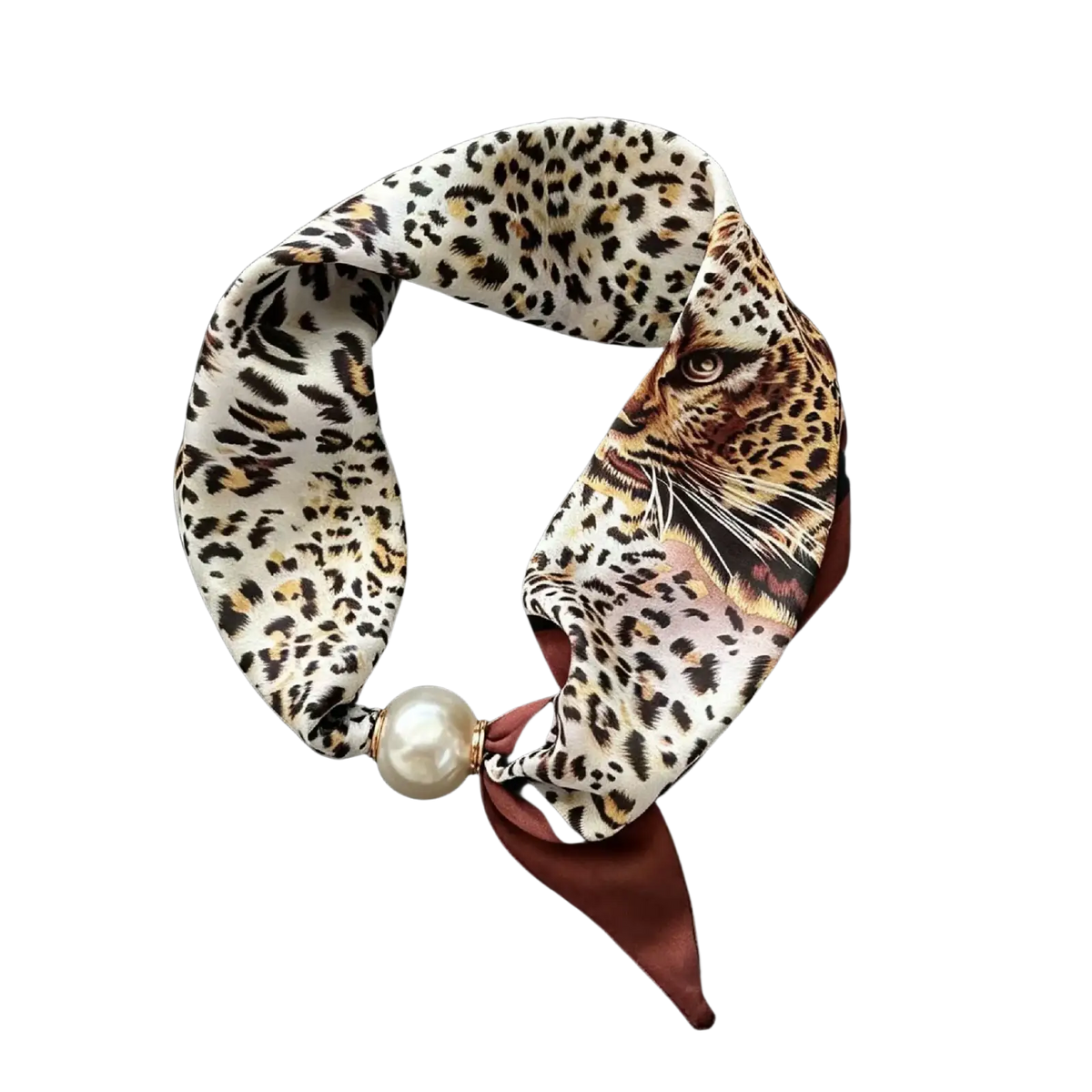 Magnetic stripe scarf featuring leopard-print silk with a pearl accent and burgundy satin edge