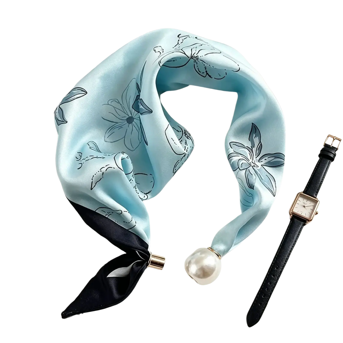 Light blue silk magnetic stripe scarf with black floral embroidery black satin border and gold-toned pearl accents
