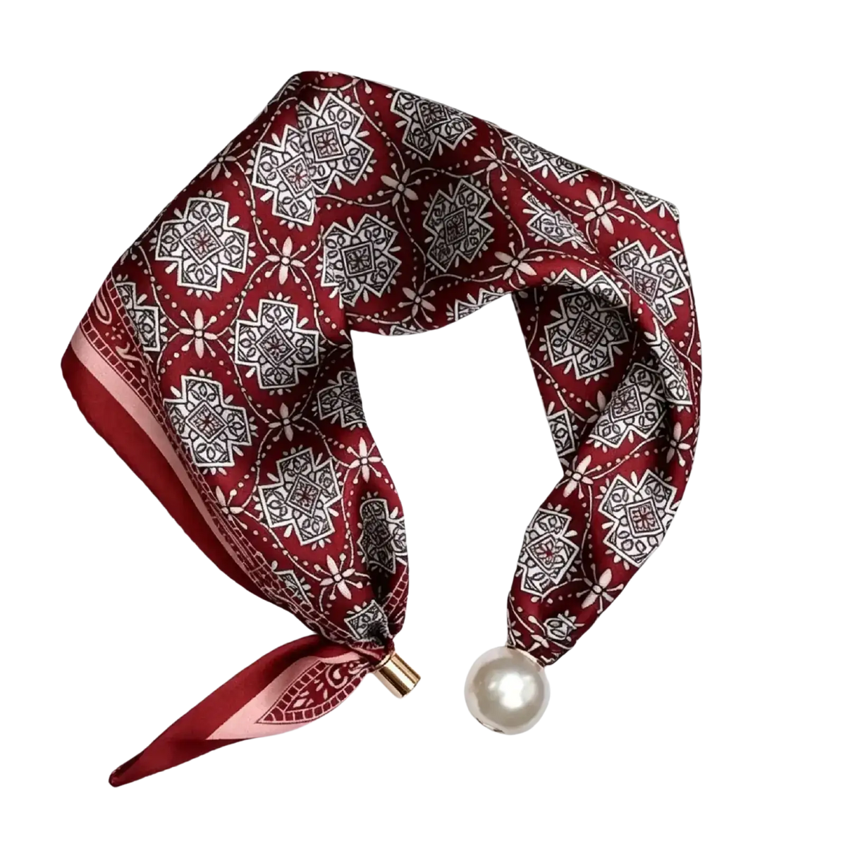 A maroon silk magnetic stripe scarf with intricate white and black geometric patterns and a pearl accent clasp