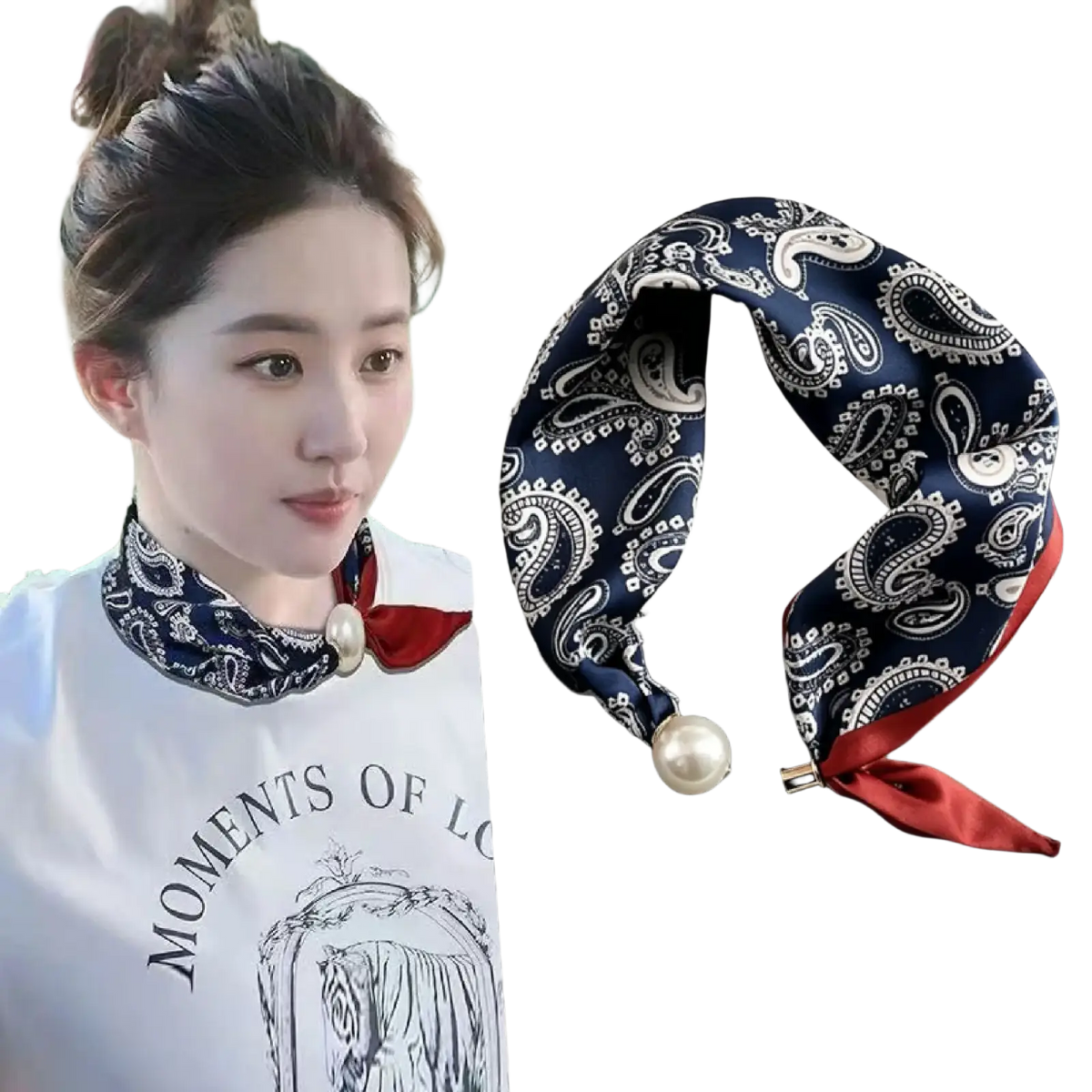 Navy blue and white paisley silk magnetic stripe scarf with red satin trim and pearl embellishments