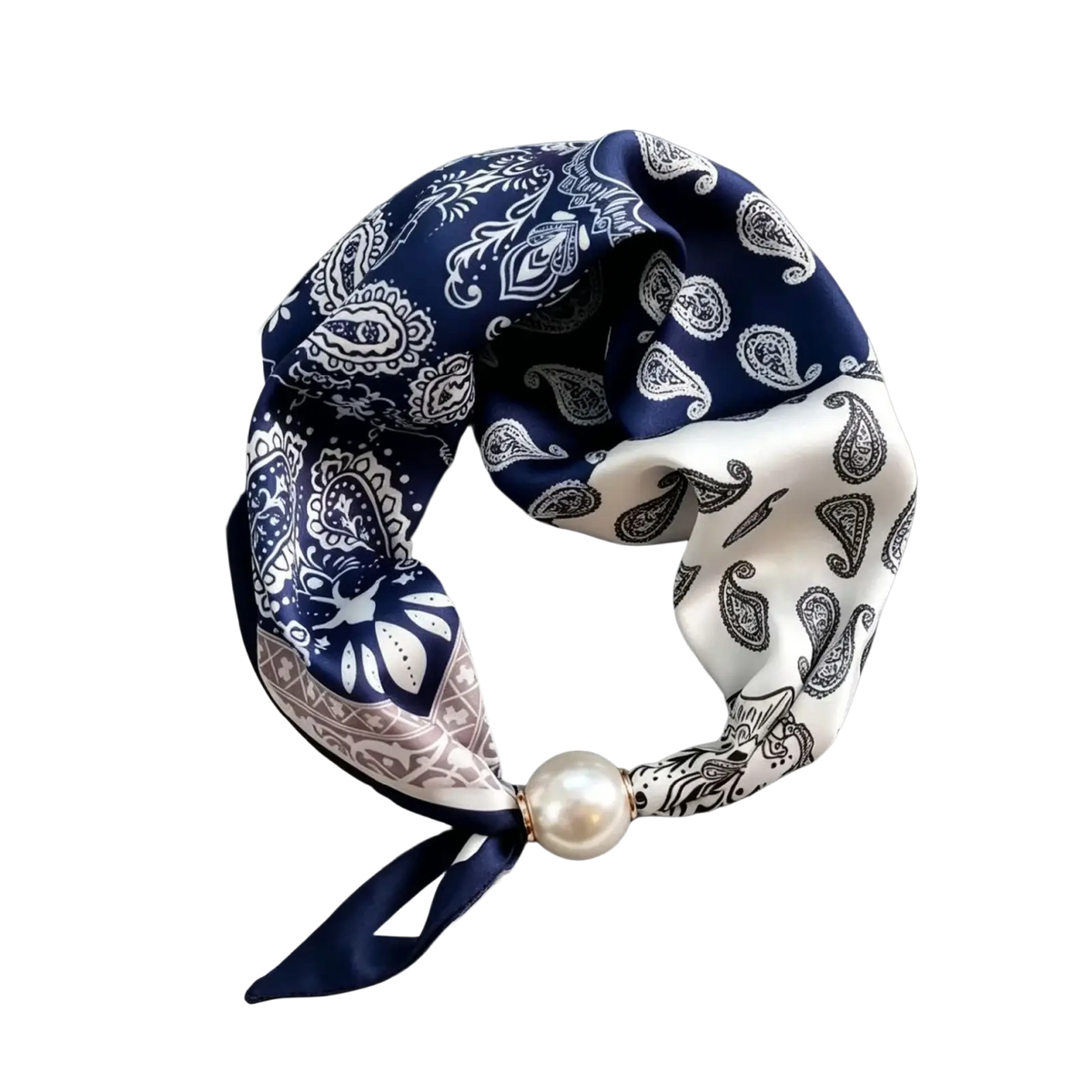 A navy blue and white paisley silk magnetic stripe scarf with a pearl accent for elegant styling