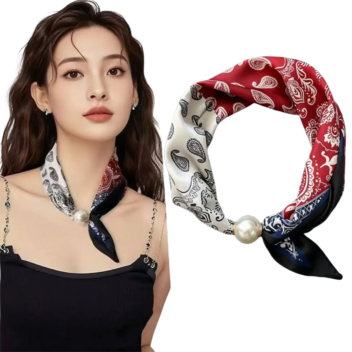 Red white and navy blue magnetic stripe scarf with pearl accent made of paisley silk