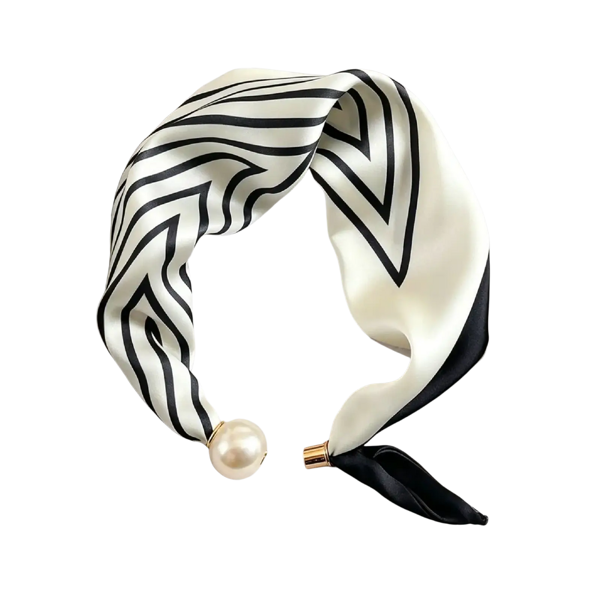 A sleek black and white striped silk magnetic stripe scarf with pearl accent and gold-toned clasp