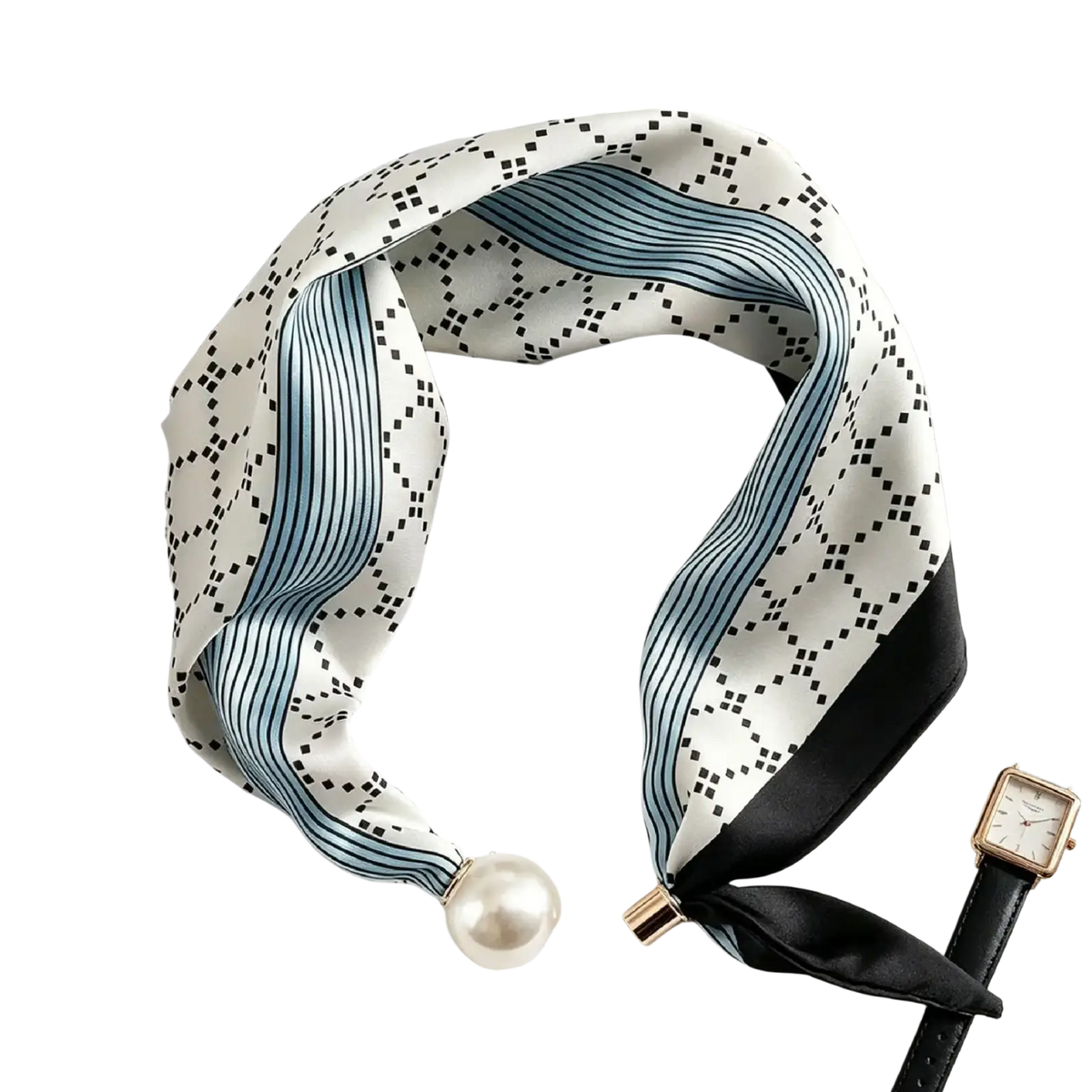 A white silk magnetic stripe scarf with black squares, light blue stripes, black satin edge, and pearl gold clasp