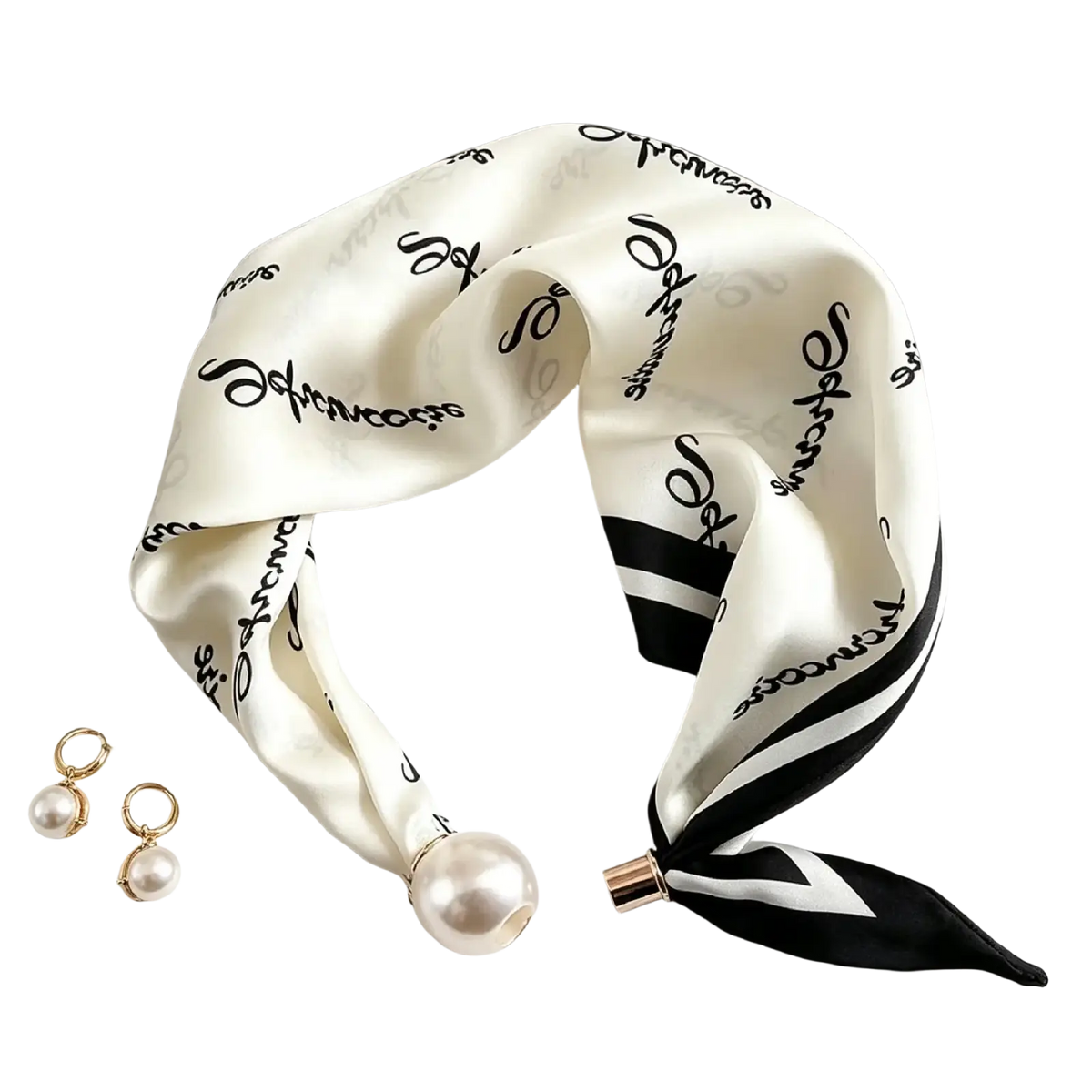 A white silk magnetic stripe scarf with black cursive script striped ends and a pearl accent at one end
