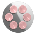 Six pink glossy circular magnetic suction caps arranged in a hexagonal pattern on a reflective silver surface for iphone pro max