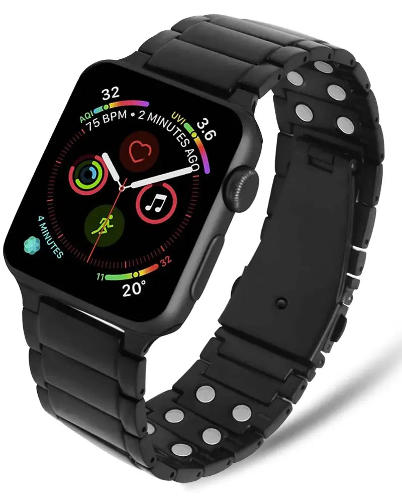 Magnetrx black magnetic therapy stainless steel watch band with silver-toned circular accents on black stainless steel