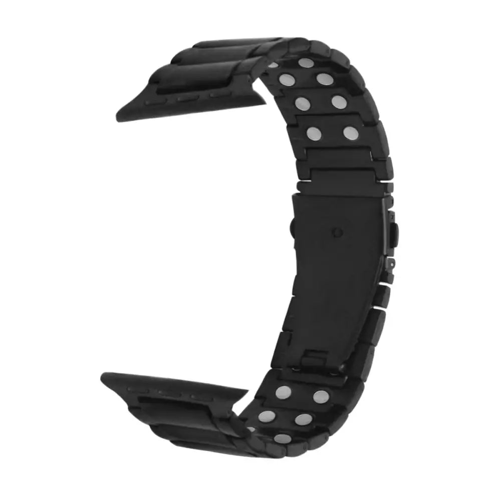 Magnetrx black magnetic therapy stainless steel watch band with sleek segmented design and silver accent dots