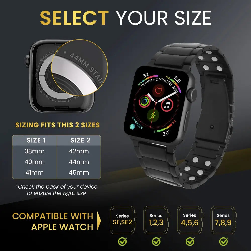 Magnetrx black magnetic therapy stainless steel watch band with sleek modern design and white circular accents