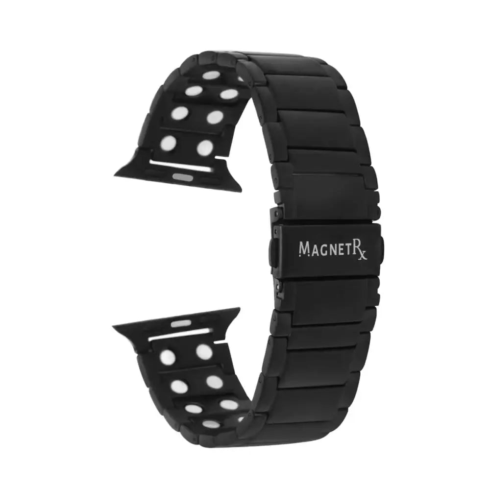 Magnetrx black magnetic therapy stainless steel watch band with sleek matte finish and circular cutouts along links