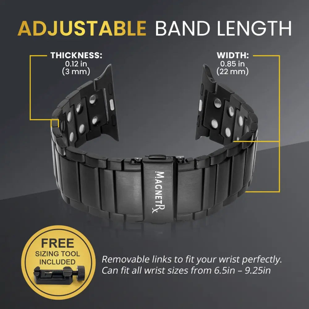 Magnetrx black magnetic therapy stainless steel watch band with sleek segmented design and adjustable links for fit