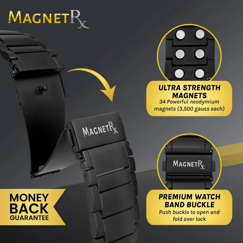 Magnetrx black magnetic therapy stainless steel watch band with sleek design and premium buckle for modern use