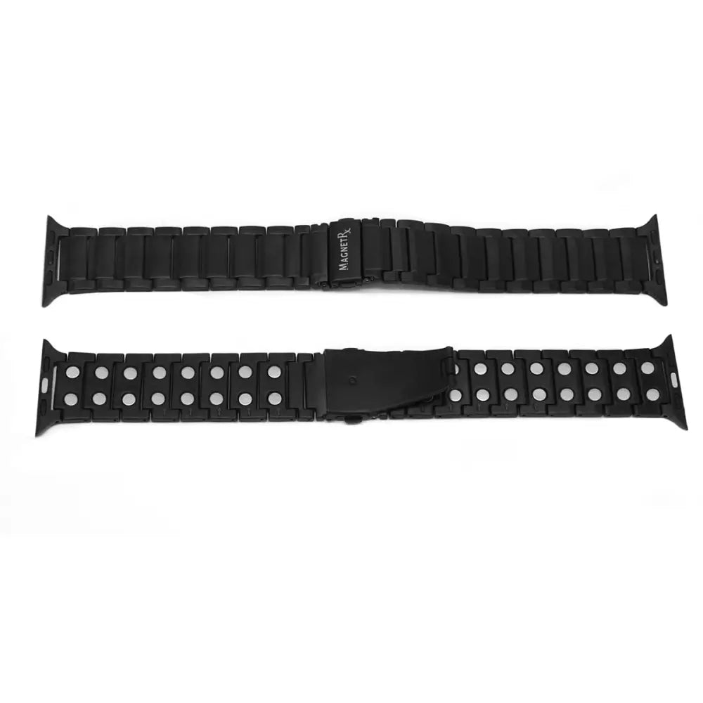 Magnetrx black magnetic therapy stainless steel watch band with a sleek matte finish and silver-toned circular accents