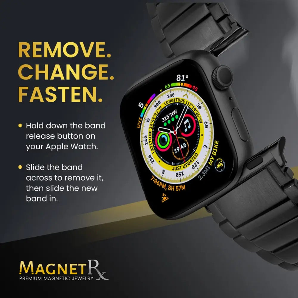 Black magnetic therapy stainless steel watch band for apple watch by magnetrx shown from the back side