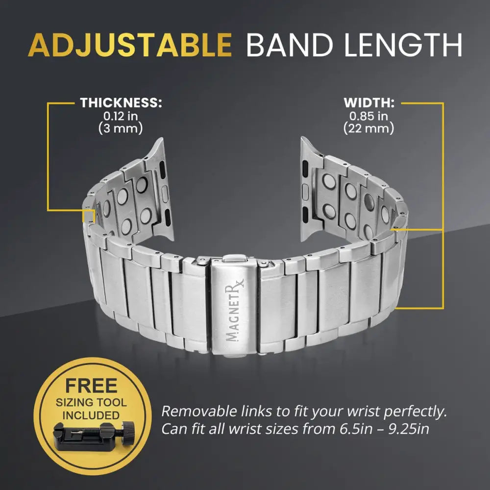 Magnetrx silver stainless steel magnetic therapy watch band with polished finish and adjustable links for customizable fit