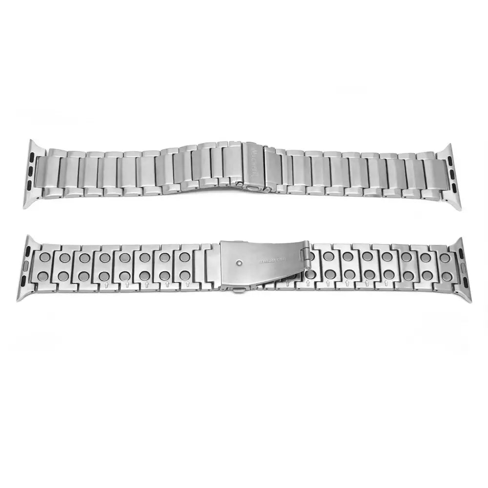 Magnetrx silver stainless steel magnetic therapy watch band with a sleek polished finish and magnetic clasp