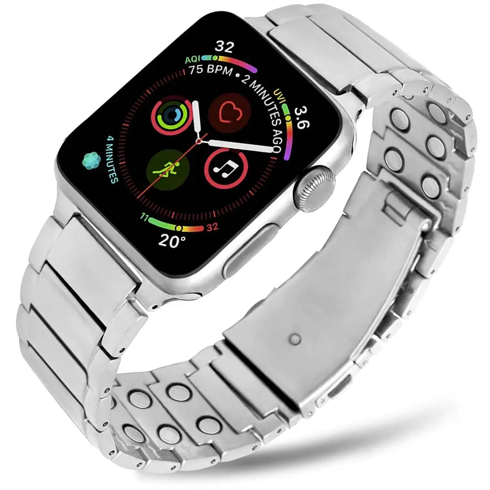 Silver stainless steel magnetic therapy watch band with sleek interlocking link design by Magnetrx