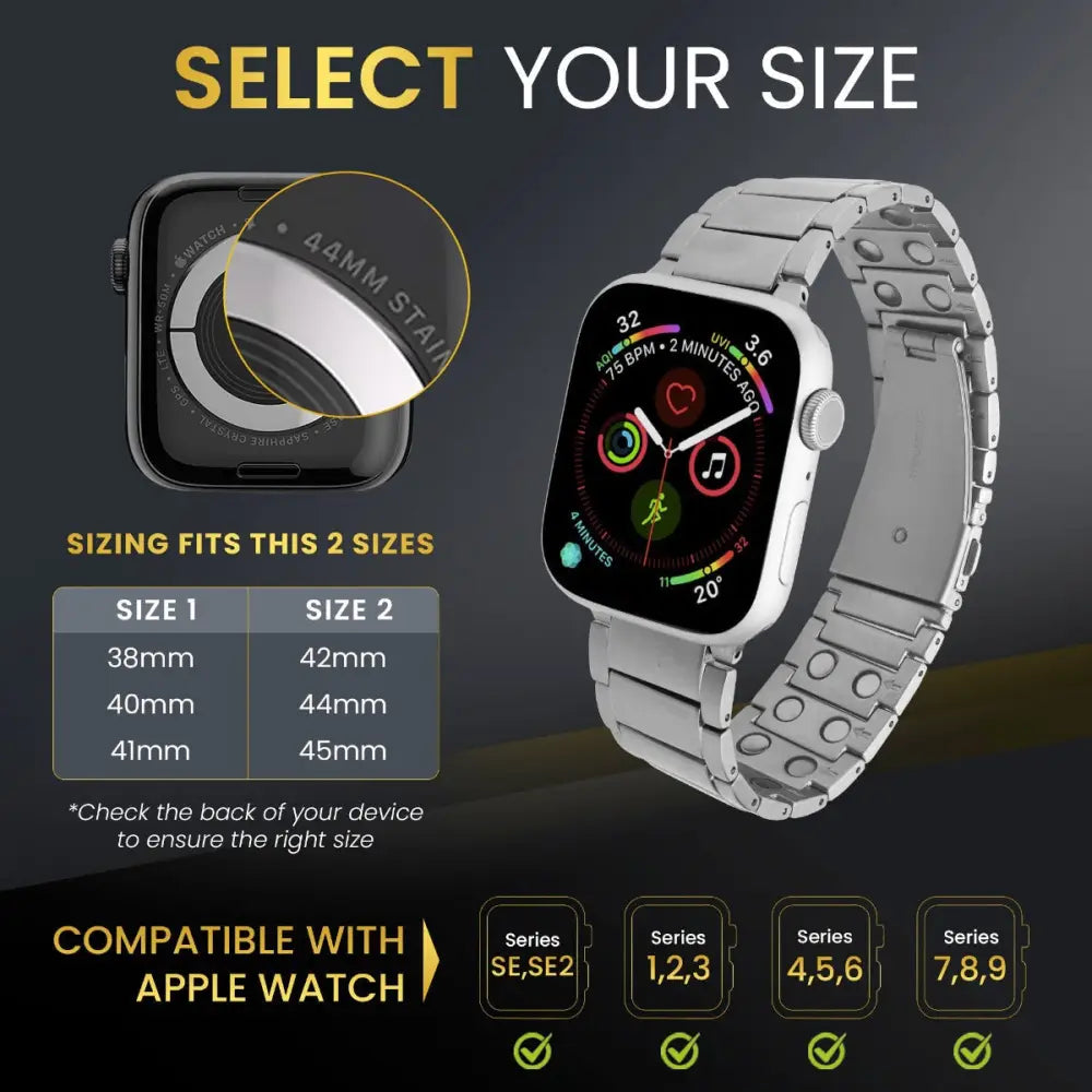 Magnetrx silver stainless steel apple watch band with sleek interlocking link design for magnetic therapy