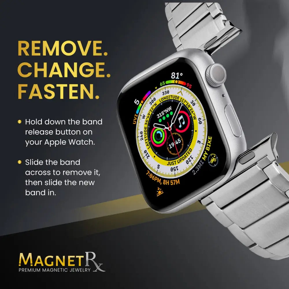 Magnetrx silver stainless steel apple watch band with sleek interlocking link design for magnetic therapy use