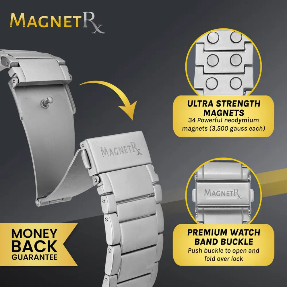 Magnetrx silver stainless steel magnetic therapy watch band with a magnetic clasp and engraved branding