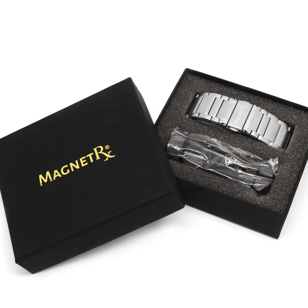 Magnetrx silver stainless steel magnetic therapy watch band with sleek polished finish and interlocking links