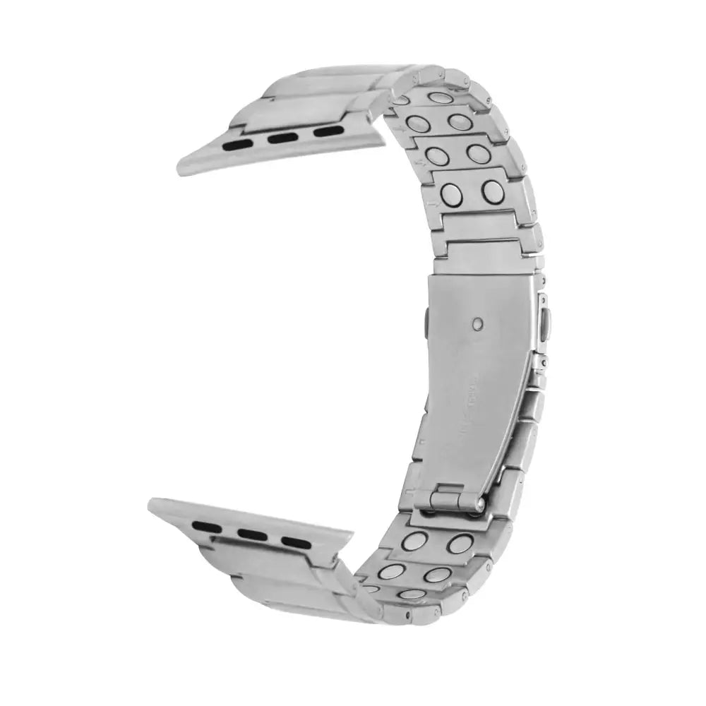 Magnetrx silver stainless steel magnetic therapy watch band with sleek interlocking links and circular cutouts