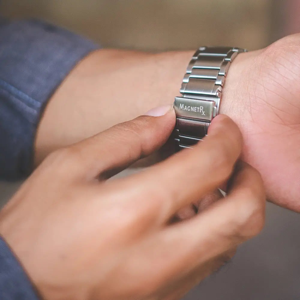 Magnetrx silver stainless steel watch band with magnetic clasp engraved with magnetrx for magnetic therapy use