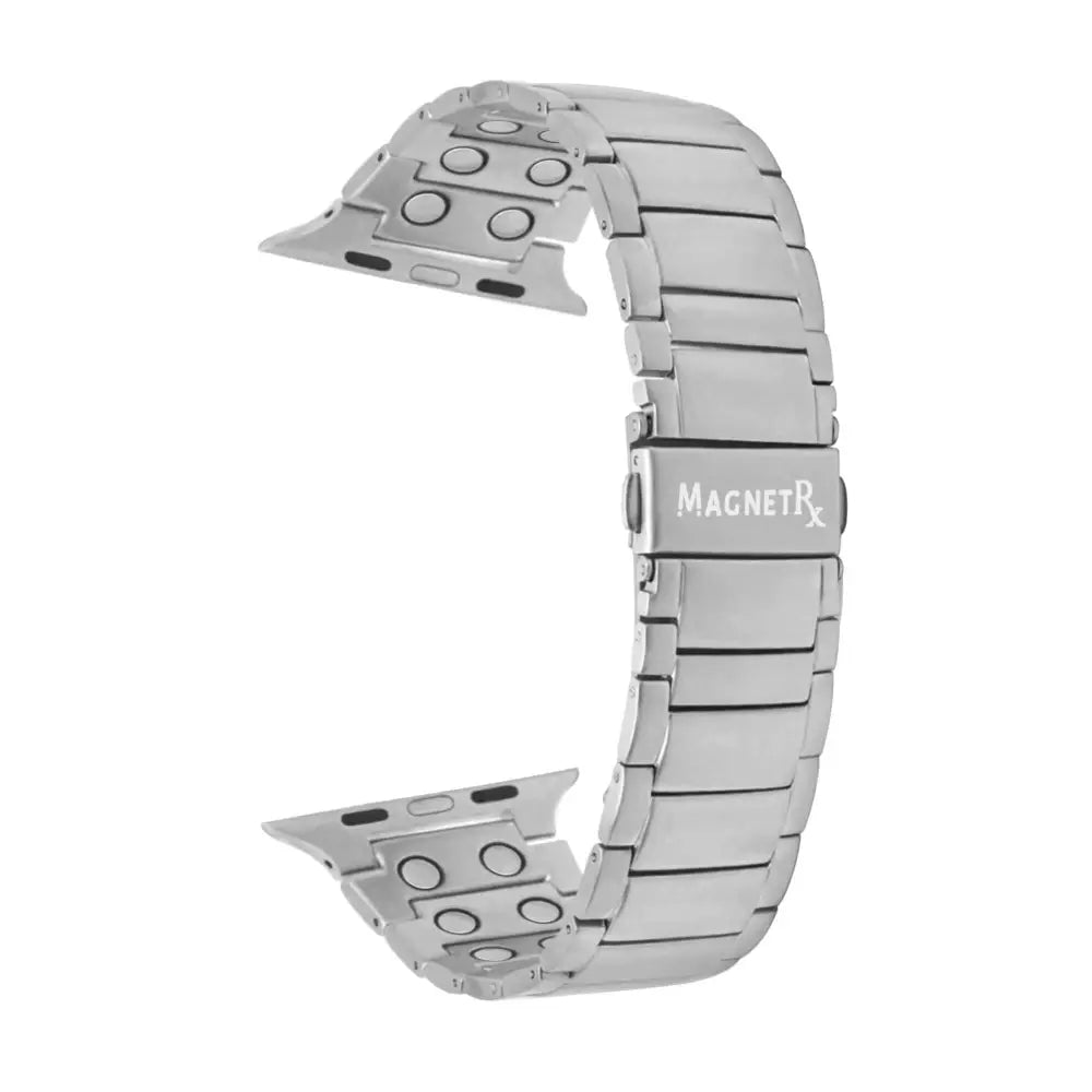 Magnetrx silver stainless steel magnetic therapy watch band with sleek interlocking links and logo-engraved clasp