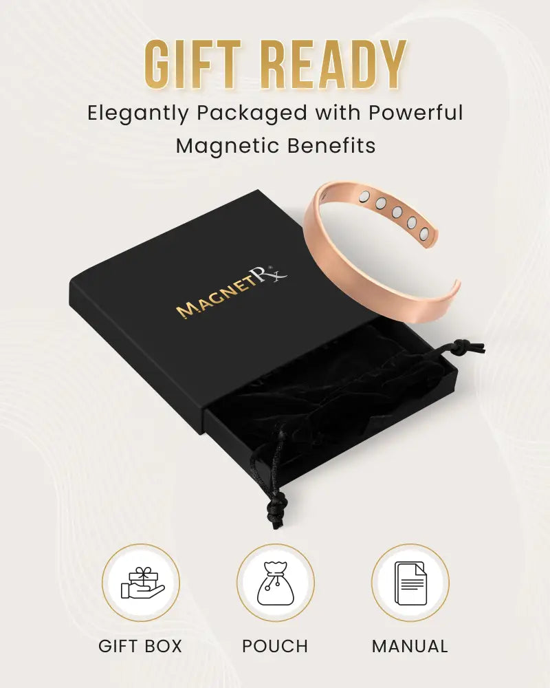 Rose gold pure copper magnetic therapy cuff bracelet with five circular magnets displayed in black gift box and pouch