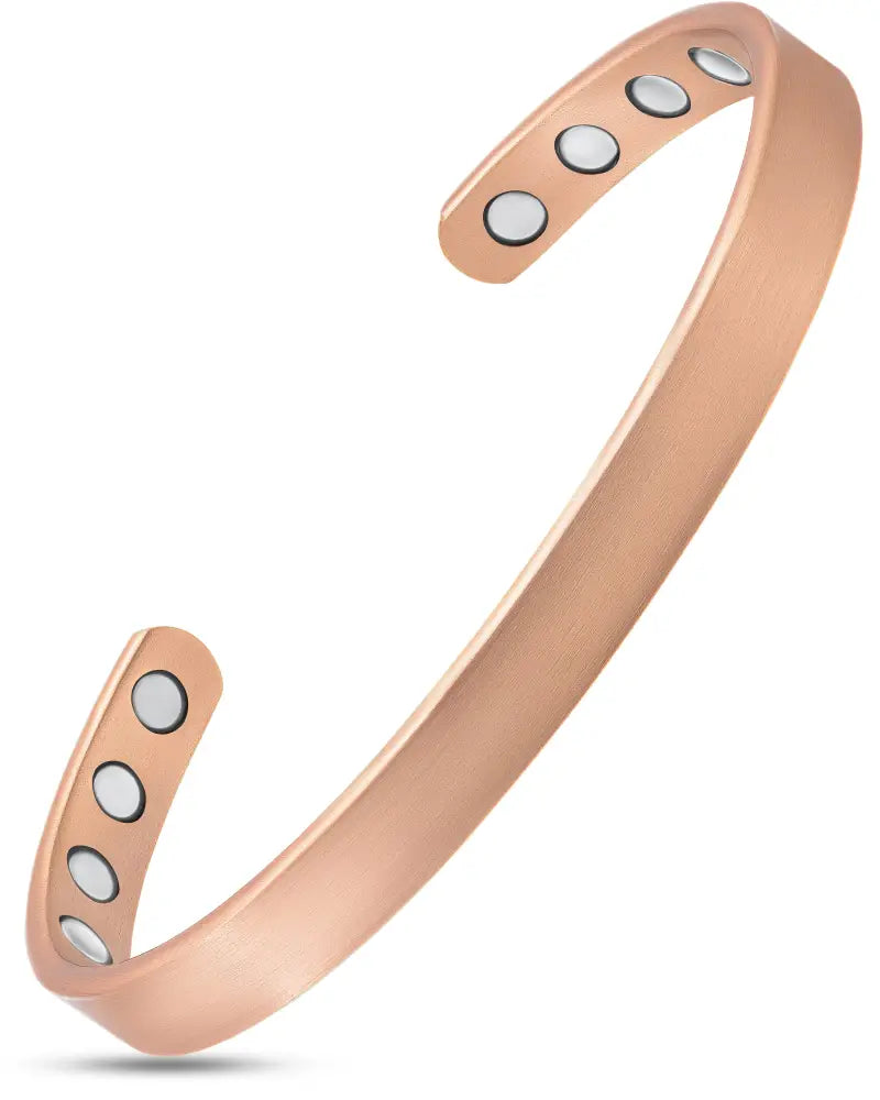Rose gold pure copper magnetic therapy cuff bracelet with five silver-toned circular magnets on each side