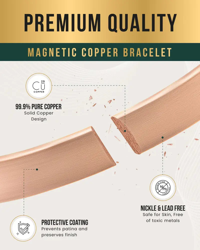A sleek rose gold pure copper magnetic therapy cuff bracelet made of 99.9% solid copper with protective coating