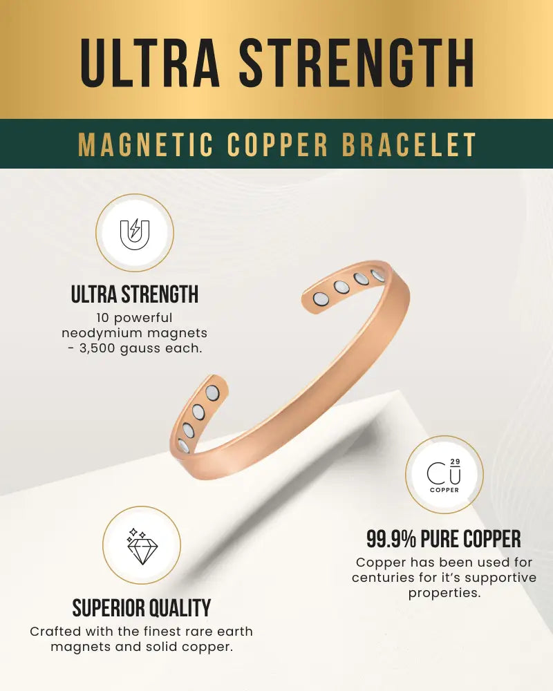 Rose gold pure copper magnetic therapy cuff bracelet with ten embedded neodymium magnets for pain relief
