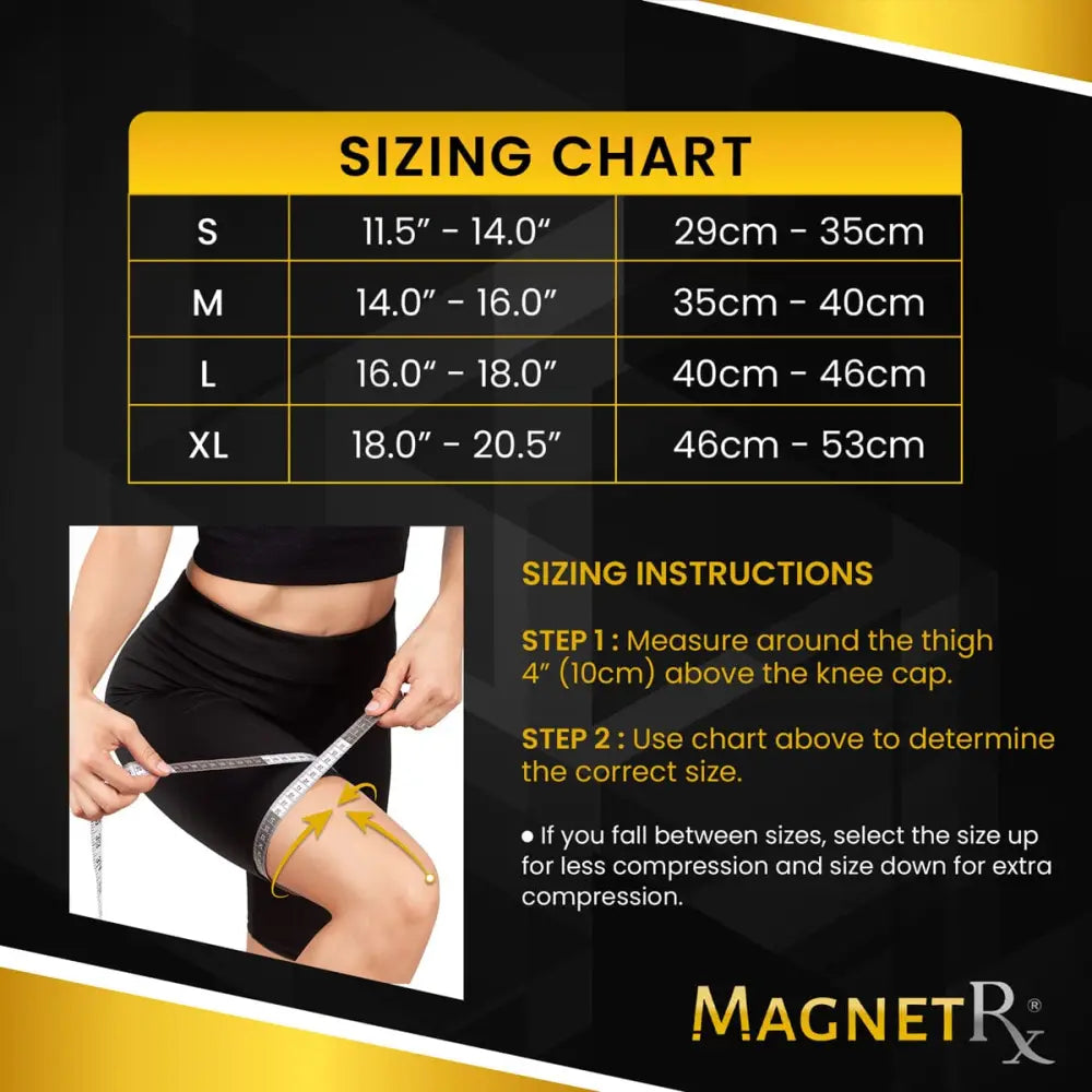 Black 3d knitted knee compression sleeve with magnetic therapy features and silver measuring tape for sizing reference