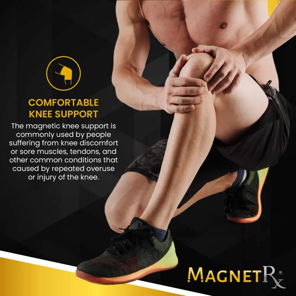 Magnetic therapy 3d knitted knee compression sleeves in black and neon green worn by a muscular man