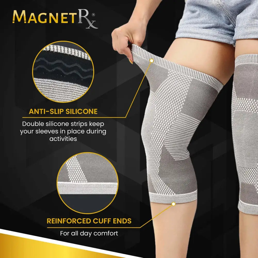 Magnetic therapy 3d knitted knee compression sleeves pair in gray and white with anti-slip silicone strips and reinforced cuffs