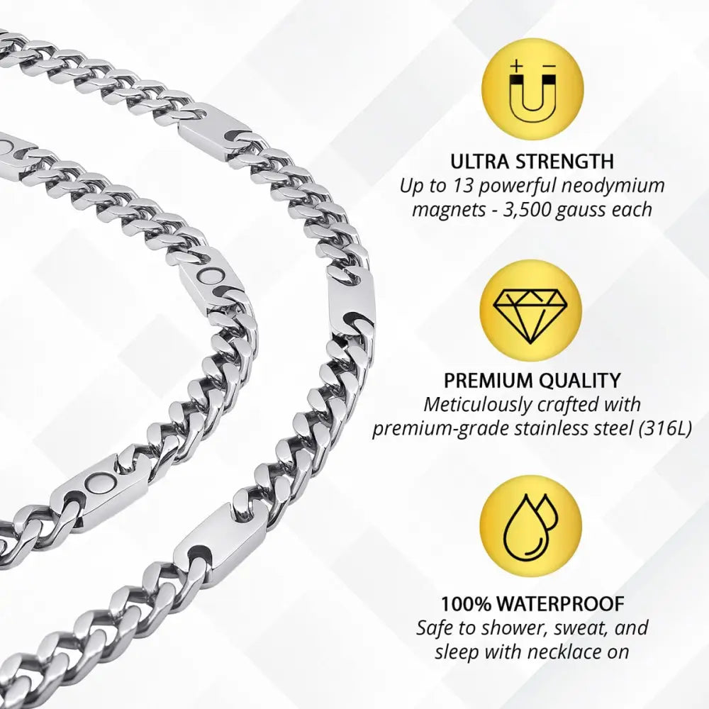 Magnetic silver stainless steel curb chain therapy necklace with bold interlocking design and magnetic clasp