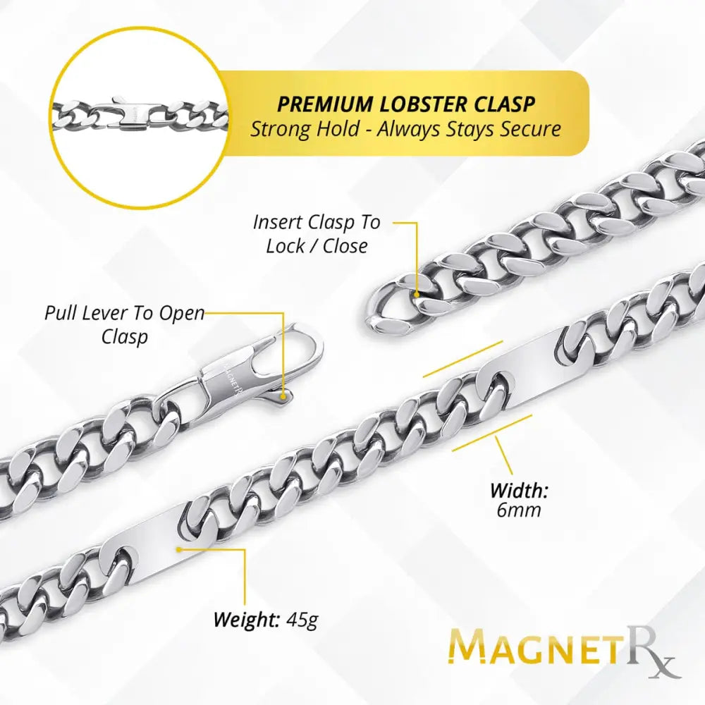 Silver-toned stainless steel 6mm miami chain with premium lobster clasp magnetic curb chain therapy necklace