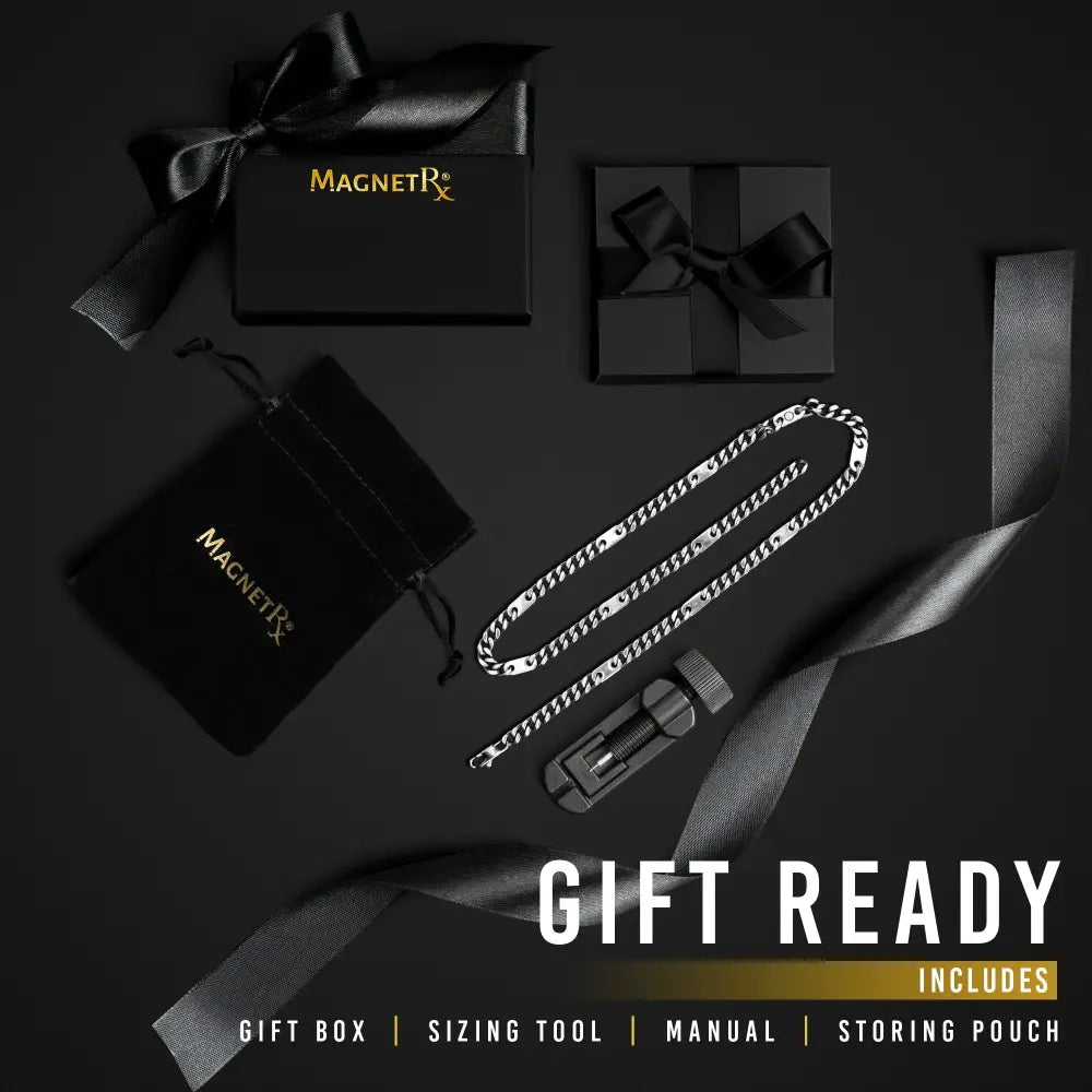 Magnetic silver stainless steel curb chain therapy necklace with silver-toned interlocking links and subtle engraved detailing