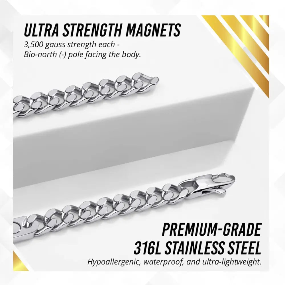 Magnetic silver stainless steel curb chain therapy necklace with heavy-duty polished 316l stainless steel and secure clasp